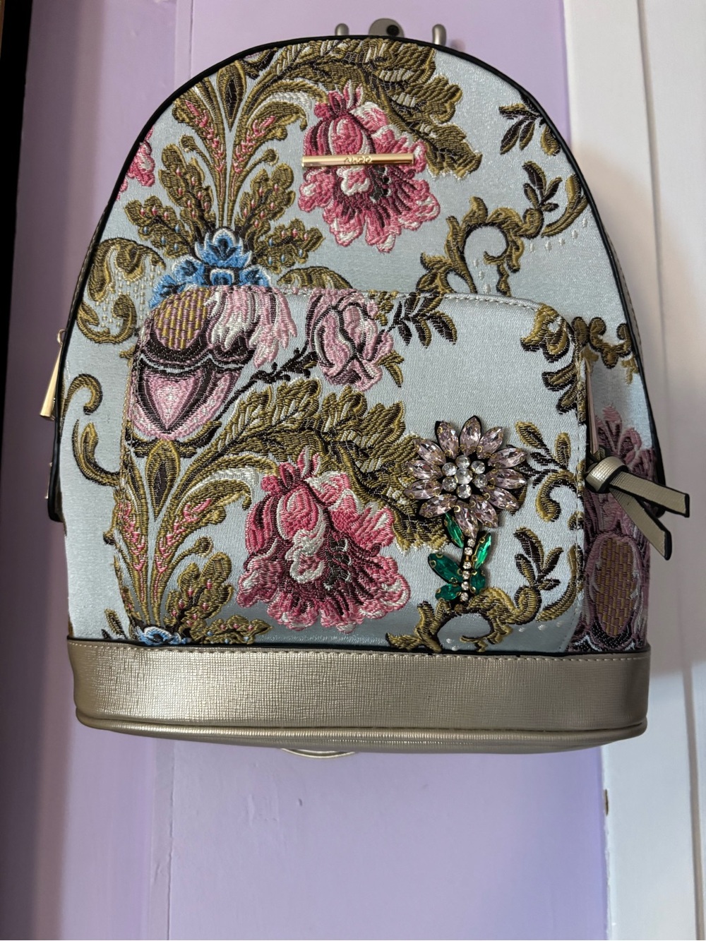 Aldo Floral Embroidered Backpack in Light Blue, Pink & Gold
